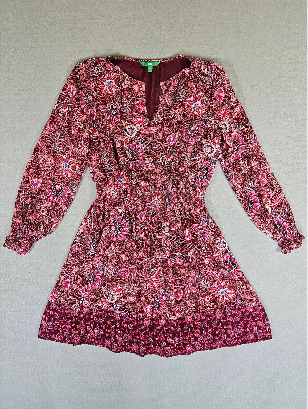 Dip Women Burgundy Red Floral Smocked Waist Mini Dress M